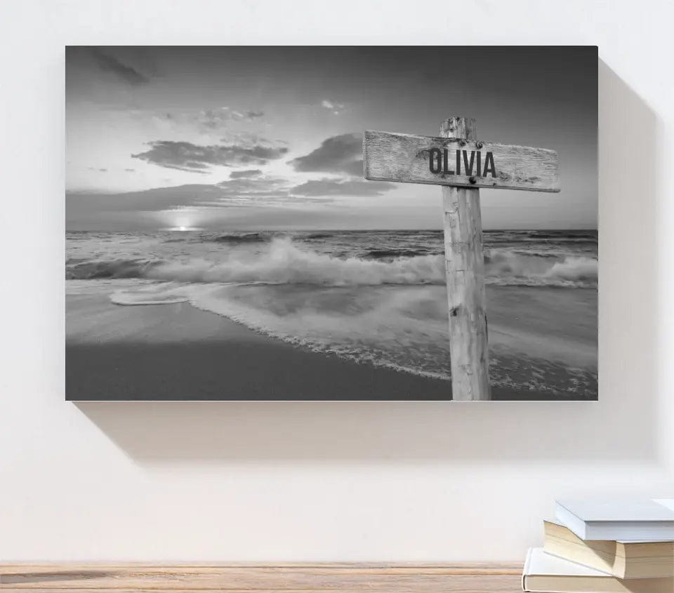 Wooden Sign (Beach Sunset Black & White) - Canvas